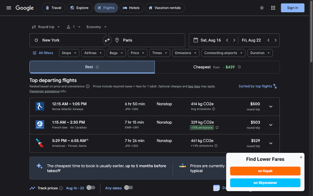 Compare Flights Interface