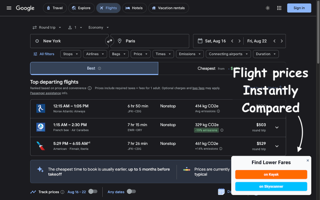 Compare Flights Interface Hover